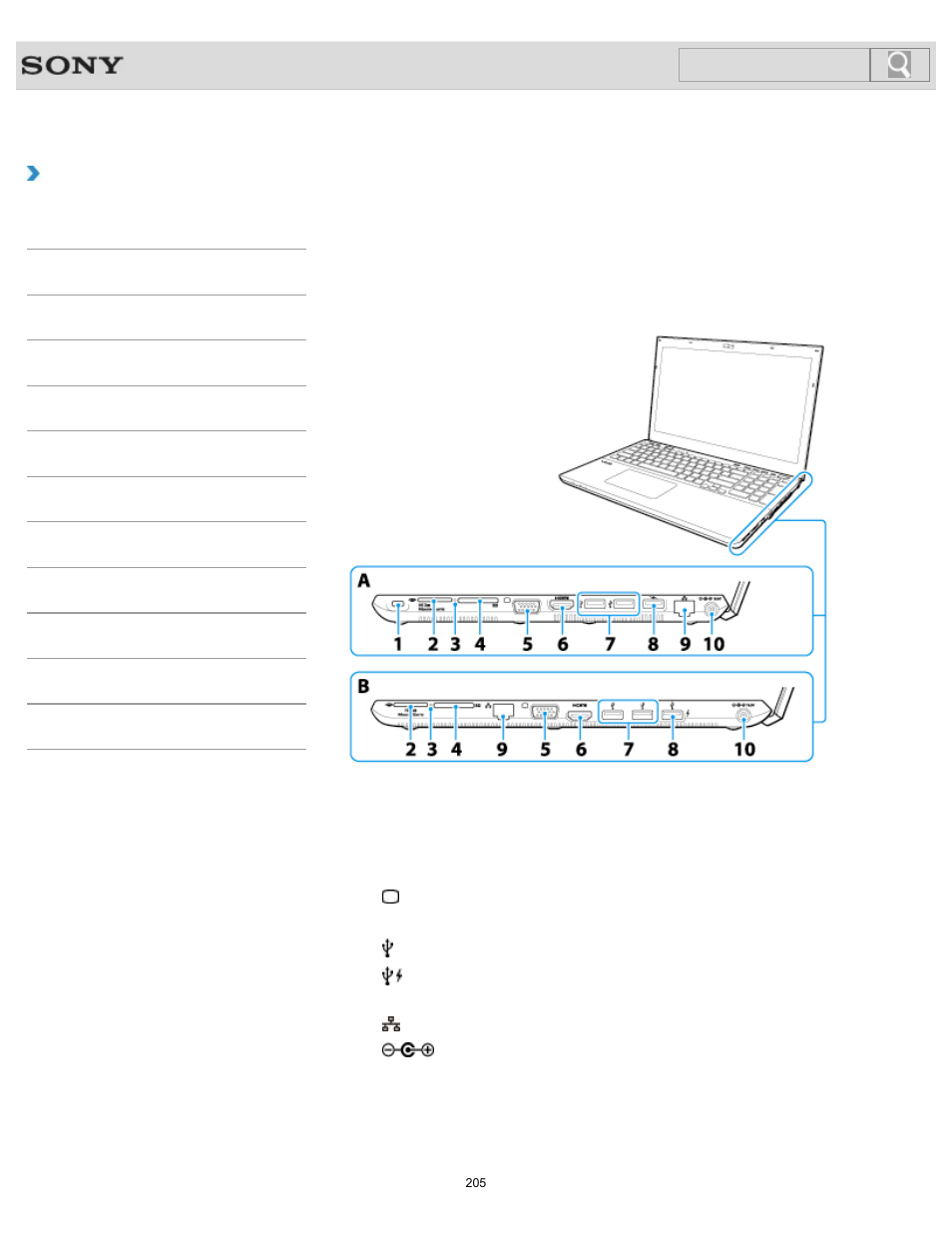 Parts and controls on the sides, Details, How to use | Search | Sony SVS1512GPXB User Manual | Page 205 / 417