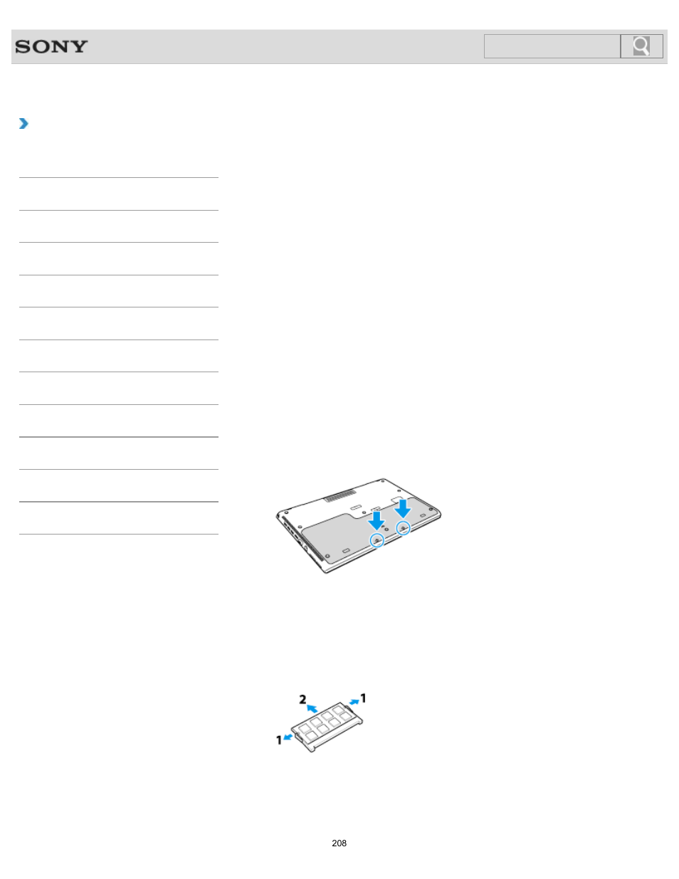 Adding and removing memory modules, How to use, Search | Sony SVS1512GPXB User Manual | Page 208 / 417