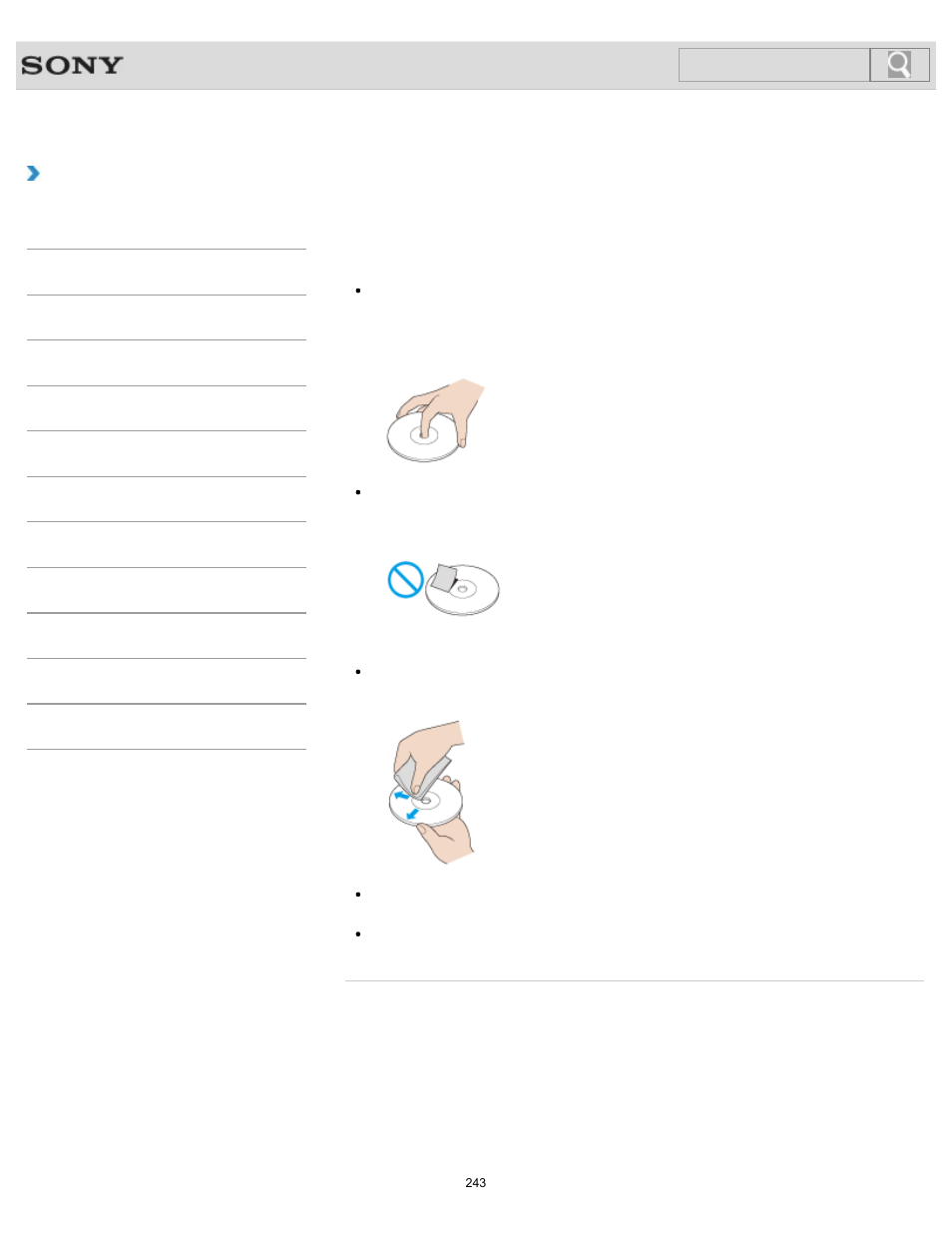 Handling discs<optical disc drive equipped models, How to use, Handling discs <optical disc drive equipped models | Search | Sony SVS1512GPXB User Manual | Page 243 / 417