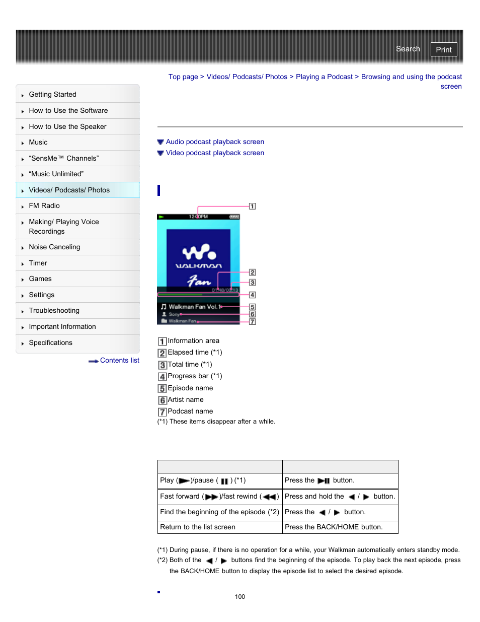 Browsing and using the podcast screen | Sony NWZ-E475BLK User Manual | Page 100 / 231