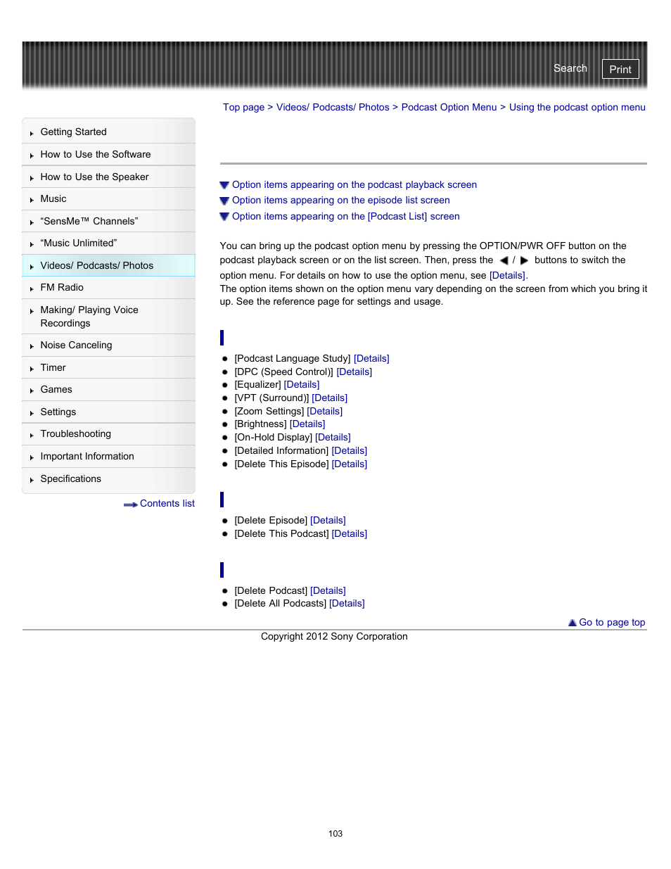 Using the podcast option menu | Sony NWZ-E475BLK User Manual | Page 103 / 231