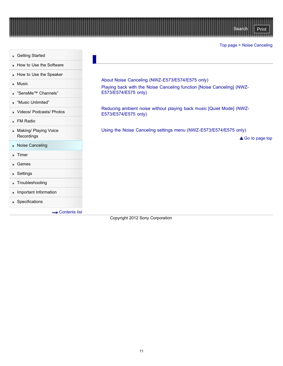 Noise canceling | Sony NWZ-E475BLK User Manual | Page 11 / 231