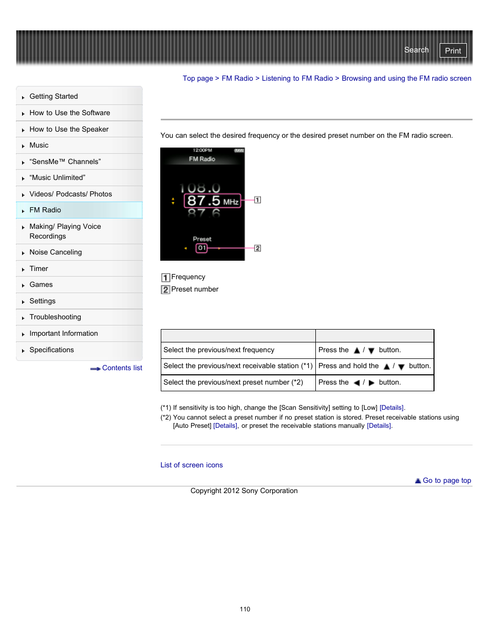 Browsing and using the fm radio screen | Sony NWZ-E475BLK User Manual | Page 110 / 231