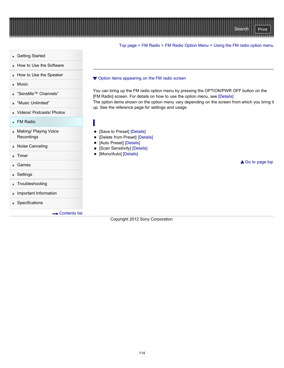 Using the fm radio option menu | Sony NWZ-E475BLK User Manual | Page 114 / 231