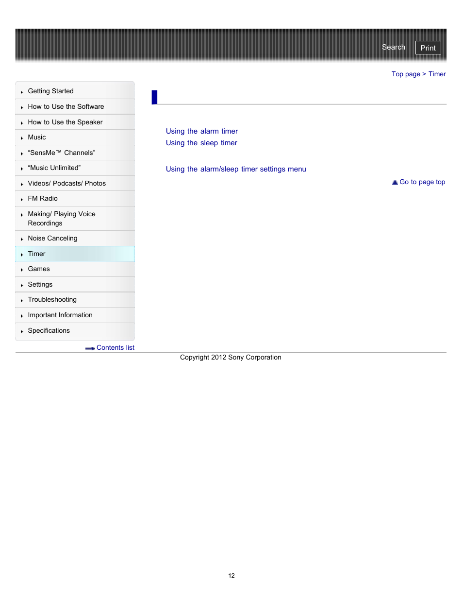 Timer | Sony NWZ-E475BLK User Manual | Page 12 / 231