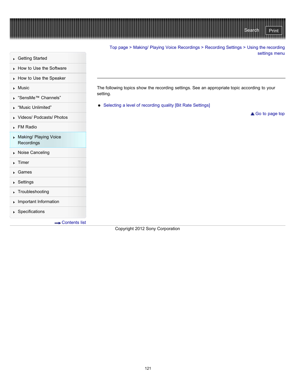 Using the recording settings menu | Sony NWZ-E475BLK User Manual | Page 121 / 231