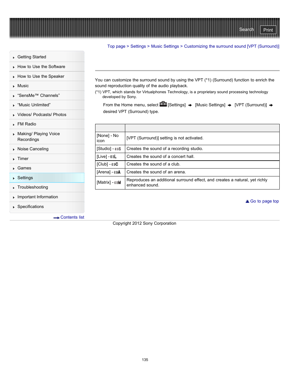 Customizing the surround sound [vpt (surround), Details | Sony NWZ-E475BLK User Manual | Page 135 / 231