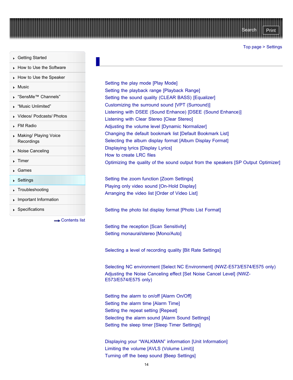 Settings | Sony NWZ-E475BLK User Manual | Page 14 / 231