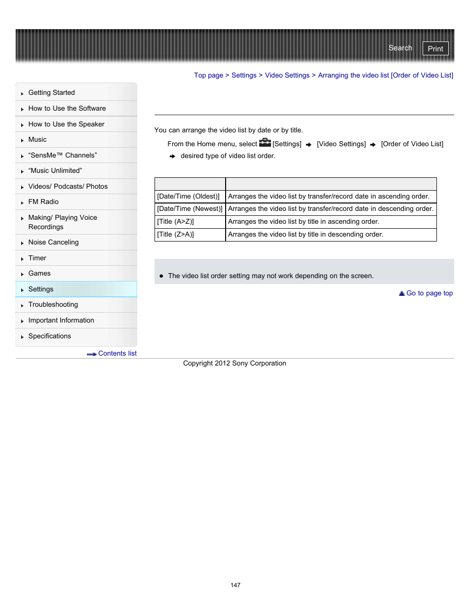 Arranging the video list [order of video list, Details | Sony NWZ-E475BLK User Manual | Page 147 / 231