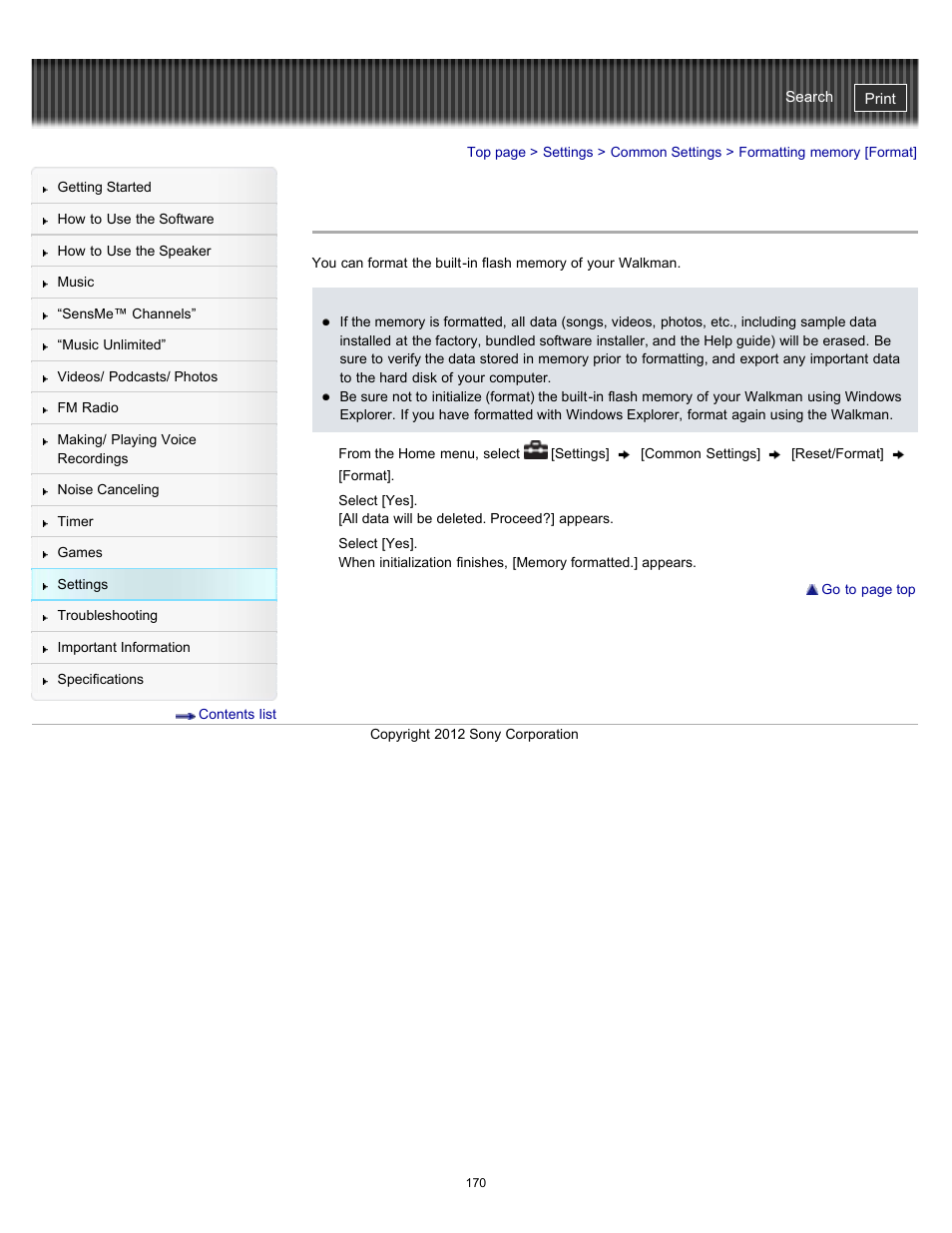 Formatting memory [format | Sony NWZ-E475BLK User Manual | Page 170 / 231