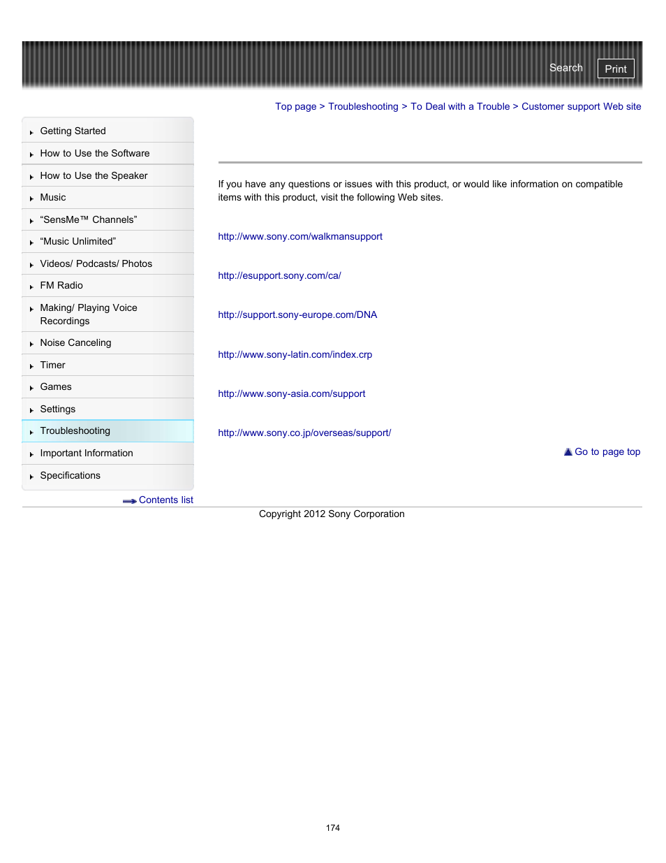 Customer support web site, Details | Sony NWZ-E475BLK User Manual | Page 174 / 231