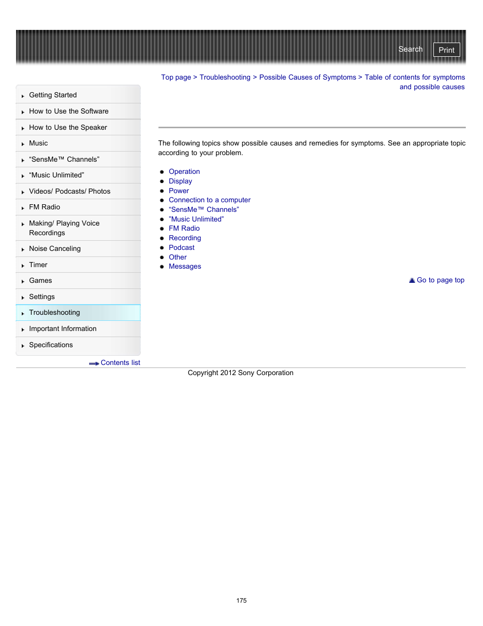 Table of contents for symptoms and possible causes | Sony NWZ-E475BLK User Manual | Page 175 / 231