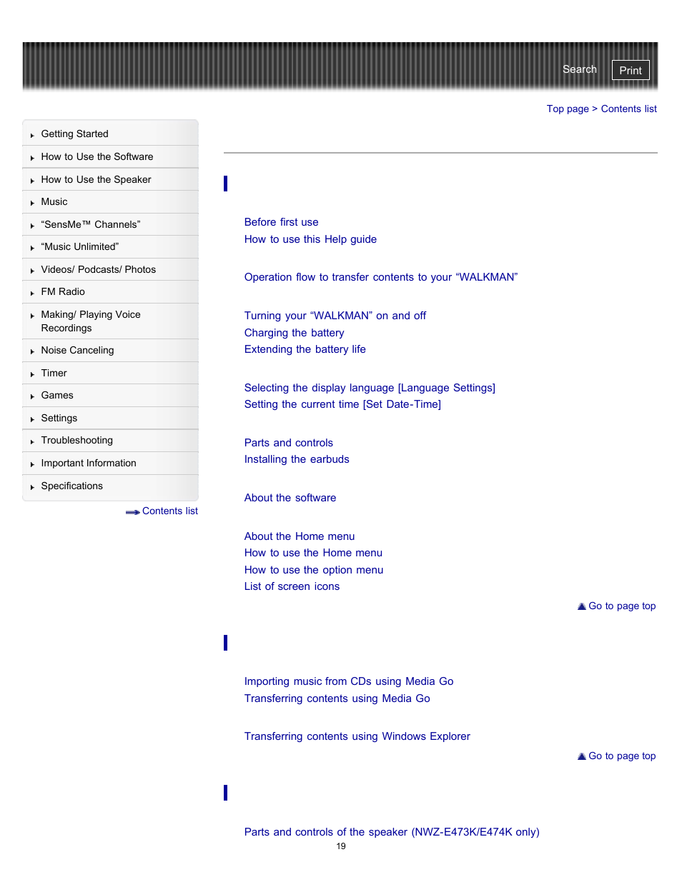 Contents list | Sony NWZ-E475BLK User Manual | Page 19 / 231