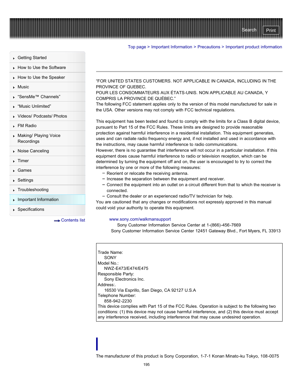 Important product information | Sony NWZ-E475BLK User Manual | Page 195 / 231