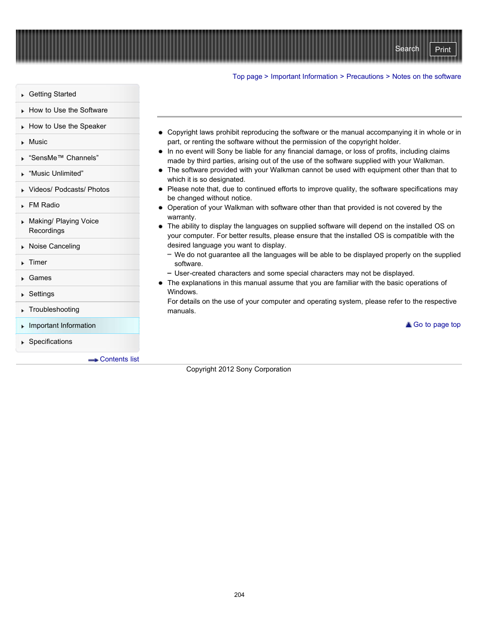 Notes on the software | Sony NWZ-E475BLK User Manual | Page 204 / 231