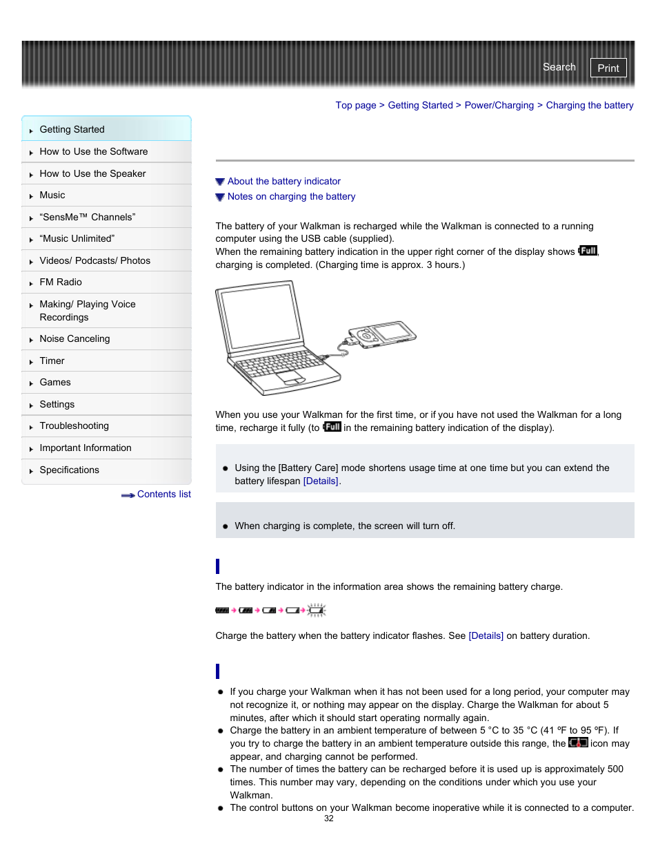 Charging the battery, Details | Sony NWZ-E475BLK User Manual | Page 32 / 231