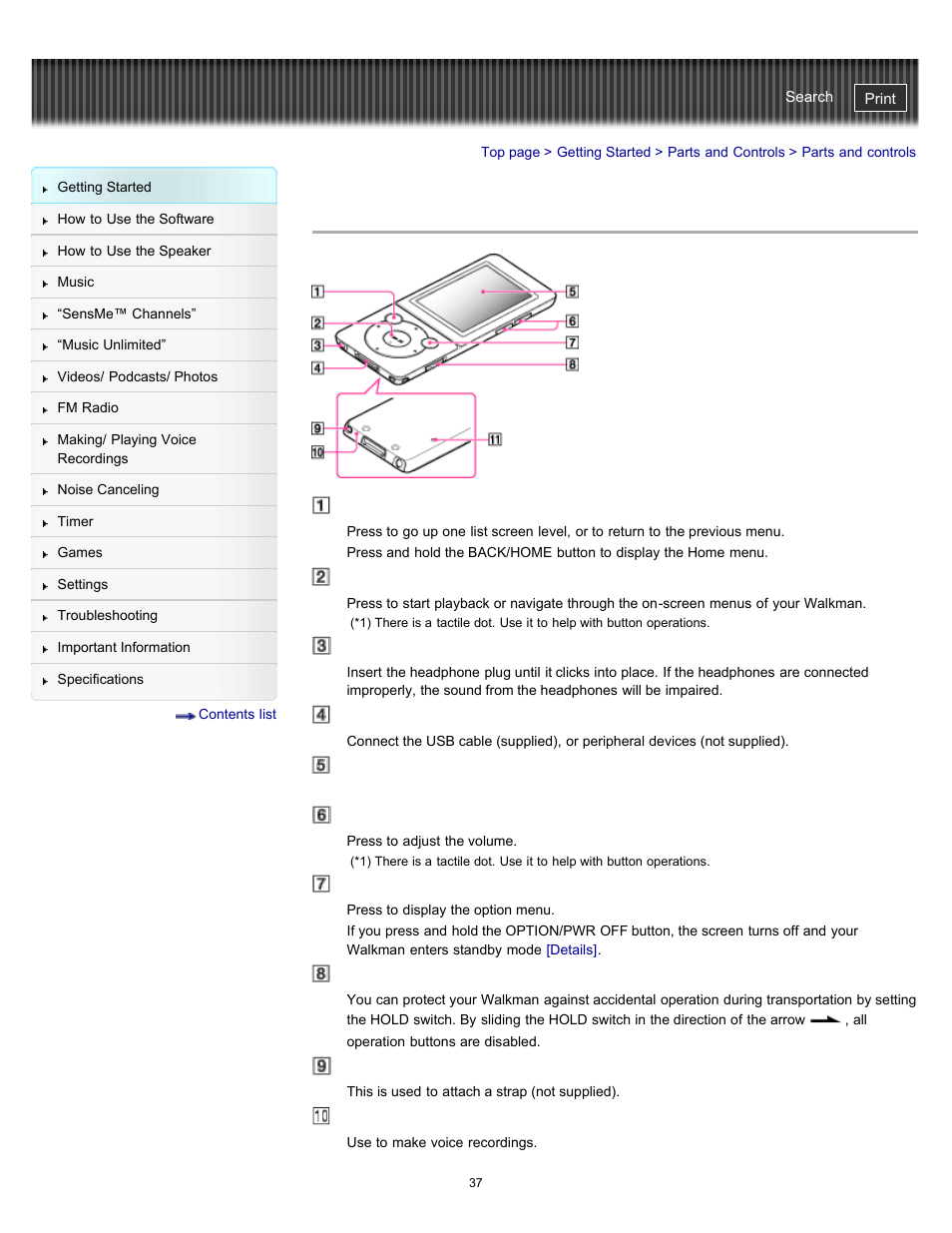 Parts and controls, Details | Sony NWZ-E475BLK User Manual | Page 37 / 231