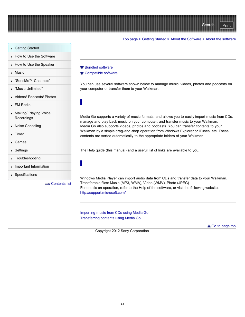 About the software, Details | Sony NWZ-E475BLK User Manual | Page 41 / 231