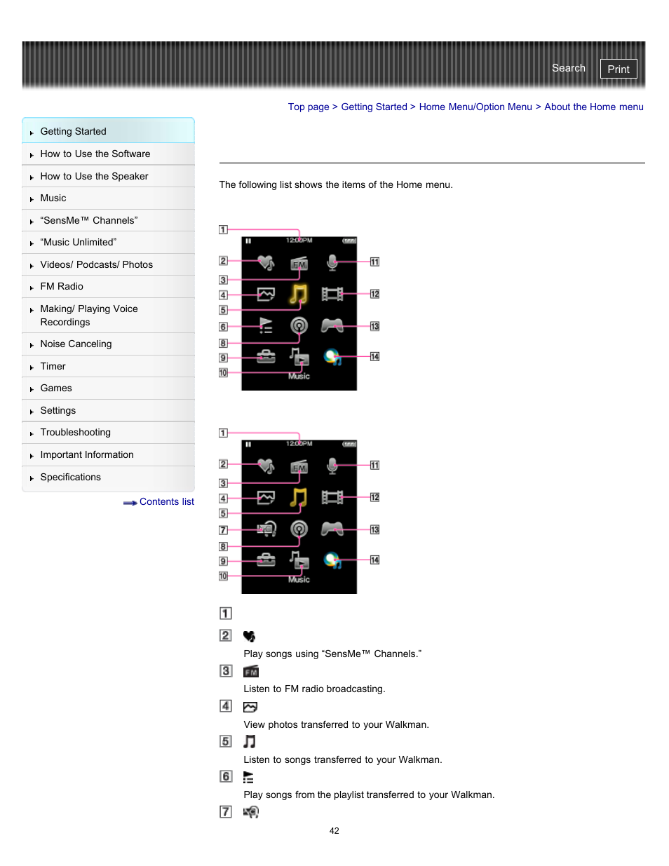 About the home menu | Sony NWZ-E475BLK User Manual | Page 42 / 231