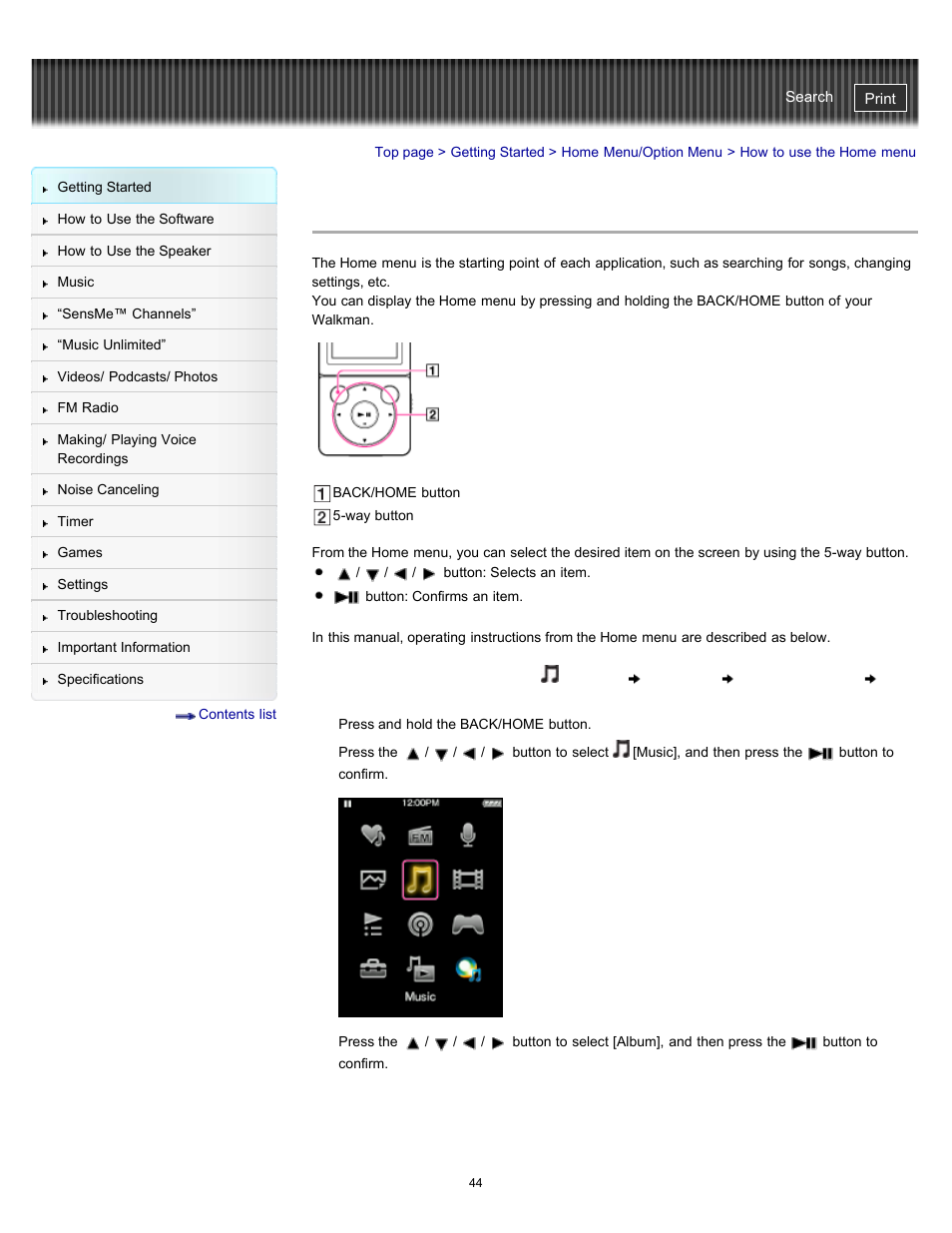 How to use the home menu, Details | Sony NWZ-E475BLK User Manual | Page 44 / 231