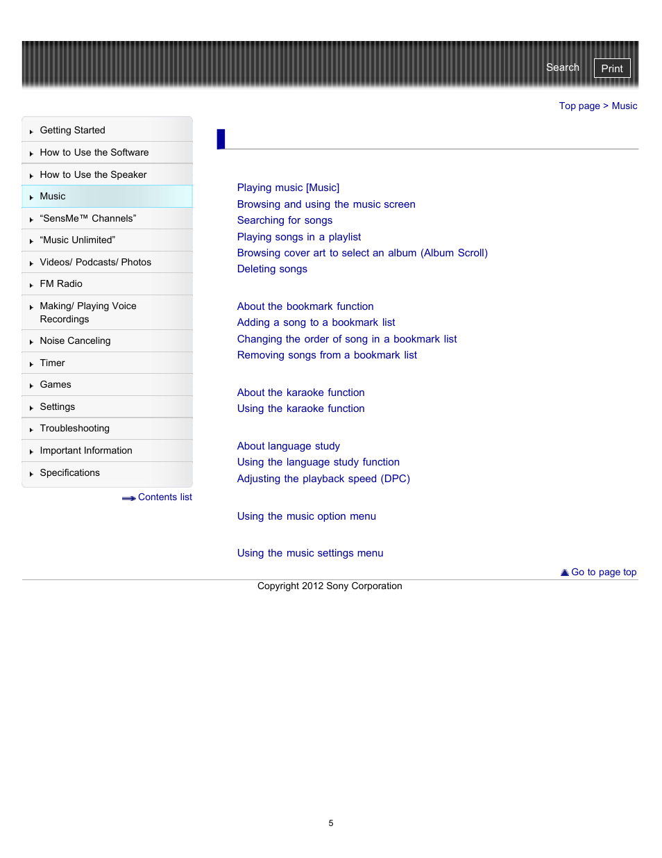 Music | Sony NWZ-E475BLK User Manual | Page 5 / 231