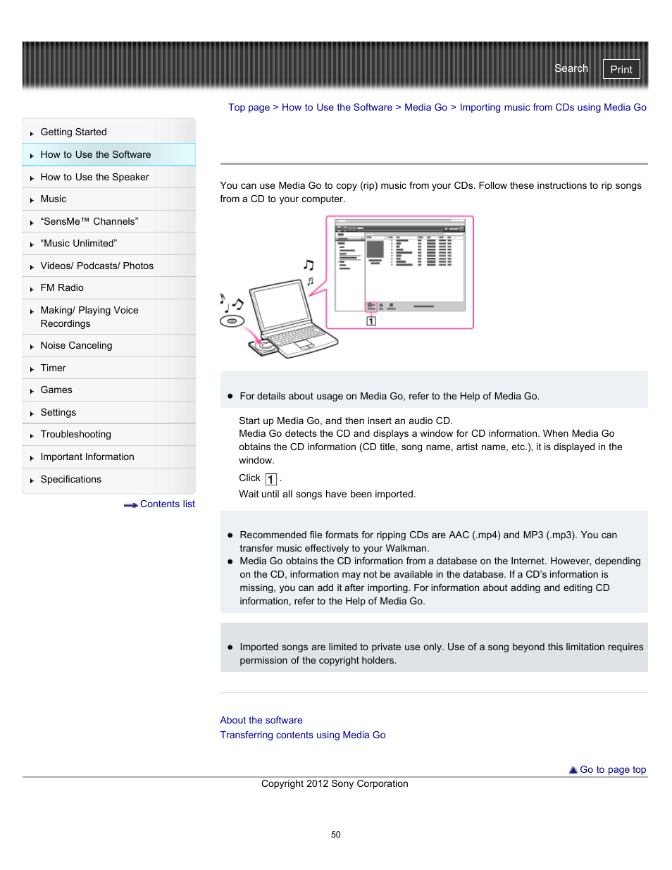 Importing music from cds using media go, Details | Sony NWZ-E475BLK User Manual | Page 50 / 231