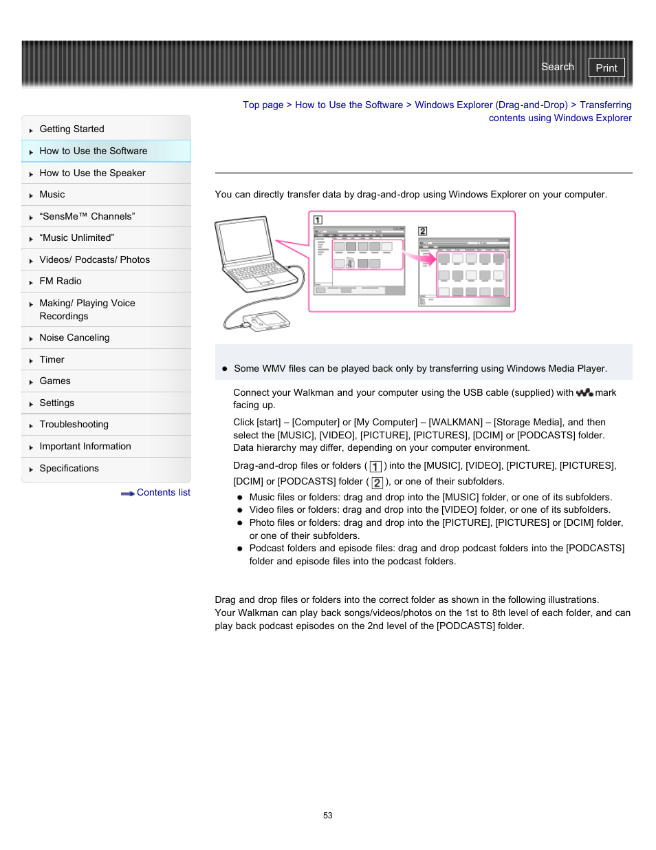 Transferring contents using windows explorer, Details | Sony NWZ-E475BLK User Manual | Page 53 / 231