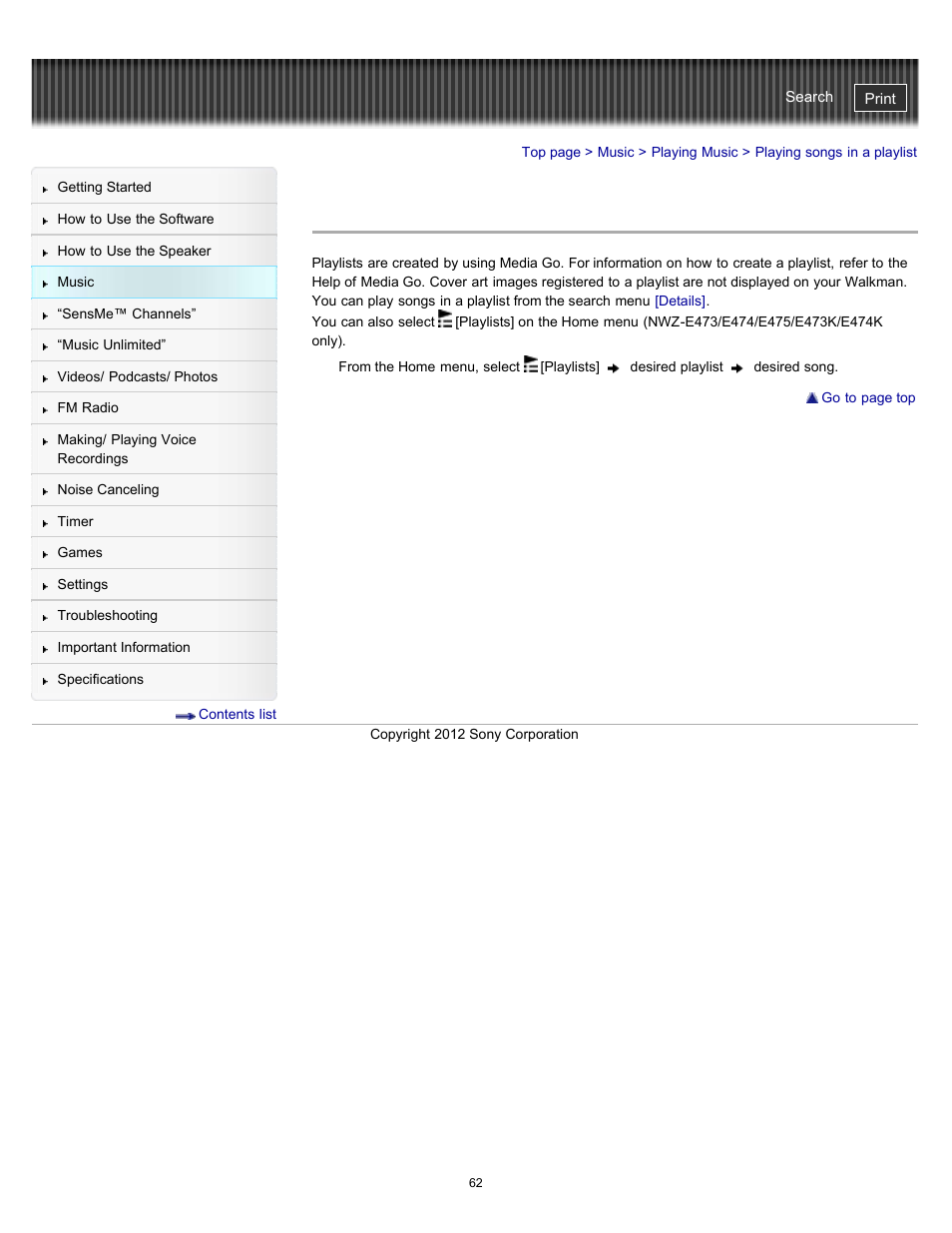 Playing songs in a playlist, Details | Sony NWZ-E475BLK User Manual | Page 62 / 231