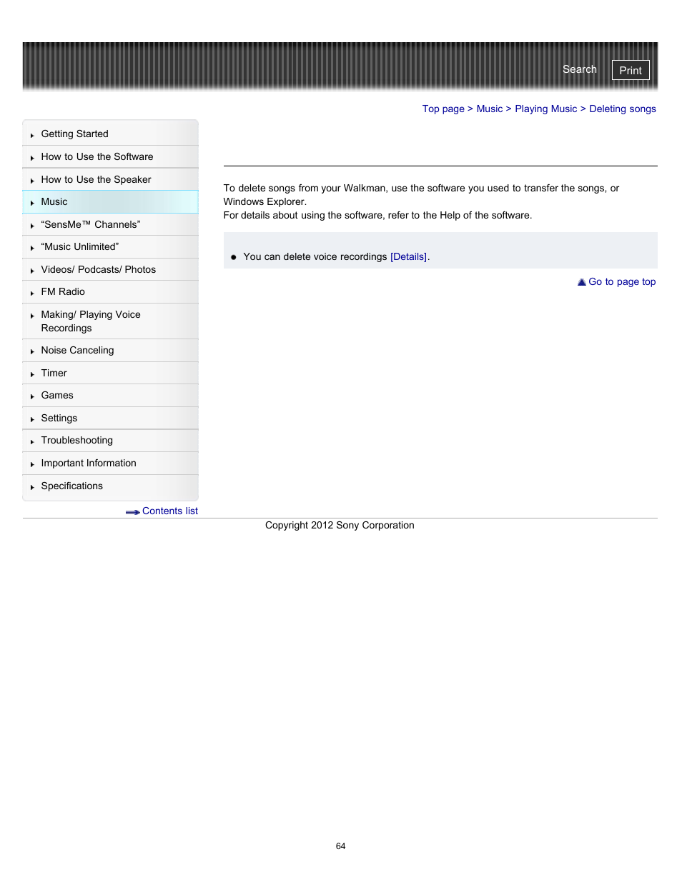 Deleting songs | Sony NWZ-E475BLK User Manual | Page 64 / 231