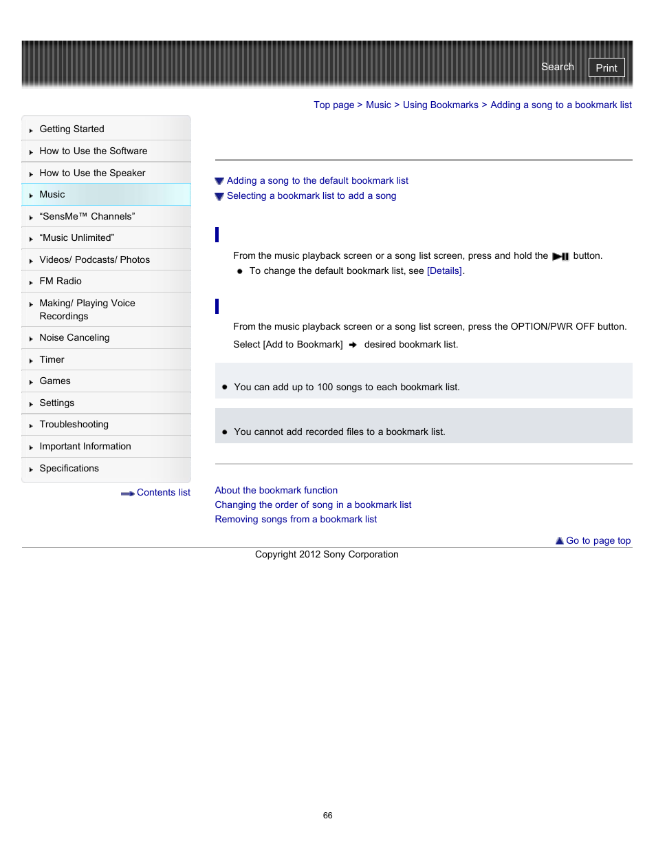 Adding a song to a bookmark list | Sony NWZ-E475BLK User Manual | Page 66 / 231