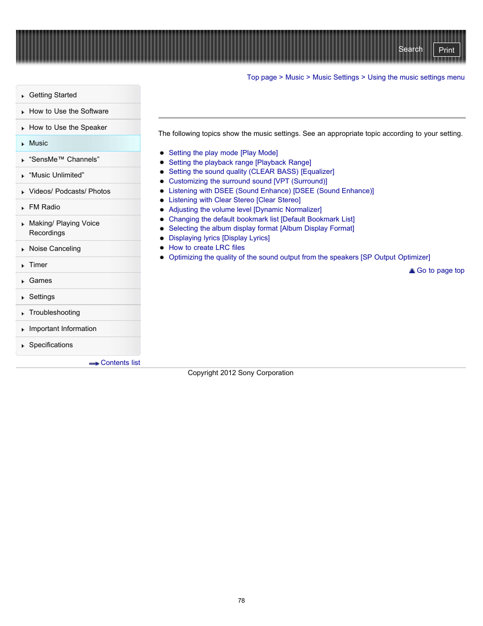 Using the music settings menu | Sony NWZ-E475BLK User Manual | Page 78 / 231