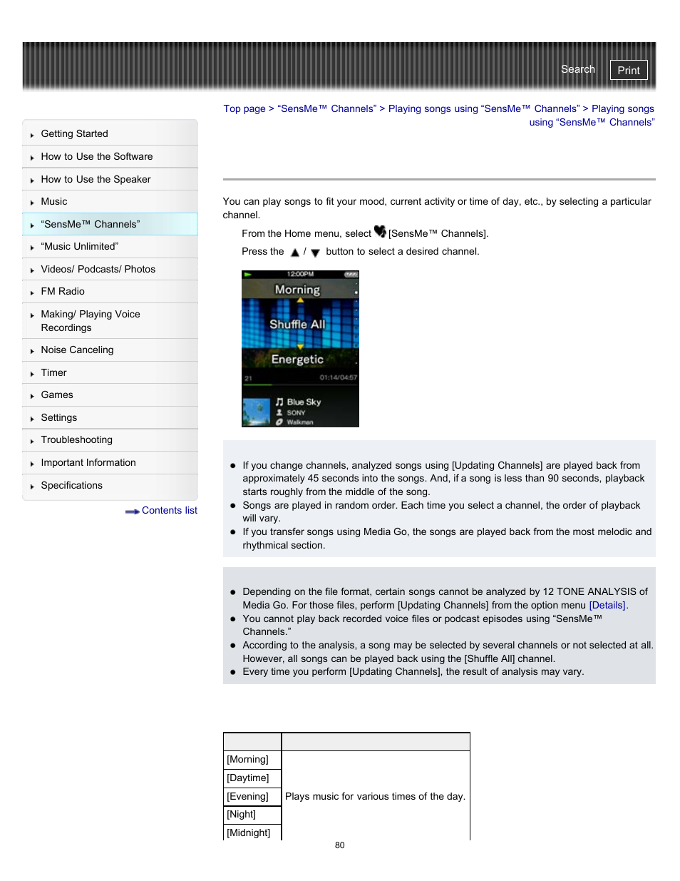 Playing songs using “sensme™ channels, Details | Sony NWZ-E475BLK User Manual | Page 80 / 231