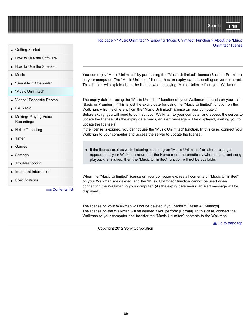 About the “music unlimited” license | Sony NWZ-E475BLK User Manual | Page 89 / 231