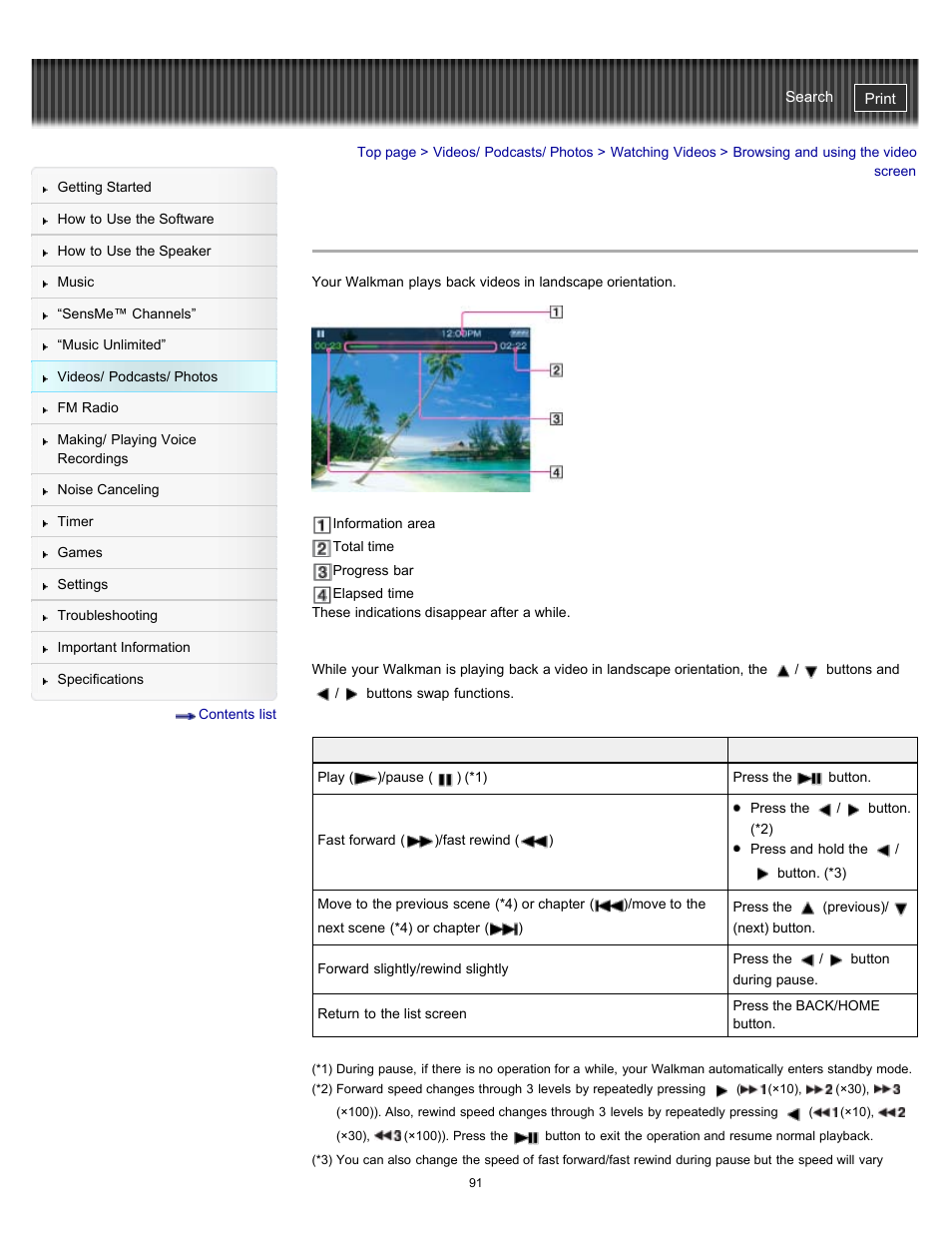 Browsing and using the video screen | Sony NWZ-E475BLK User Manual | Page 91 / 231