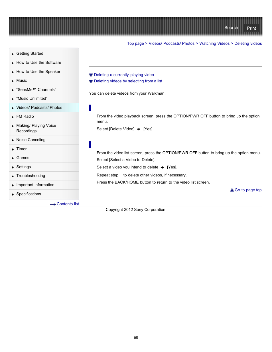 Deleting videos | Sony NWZ-E475BLK User Manual | Page 95 / 231