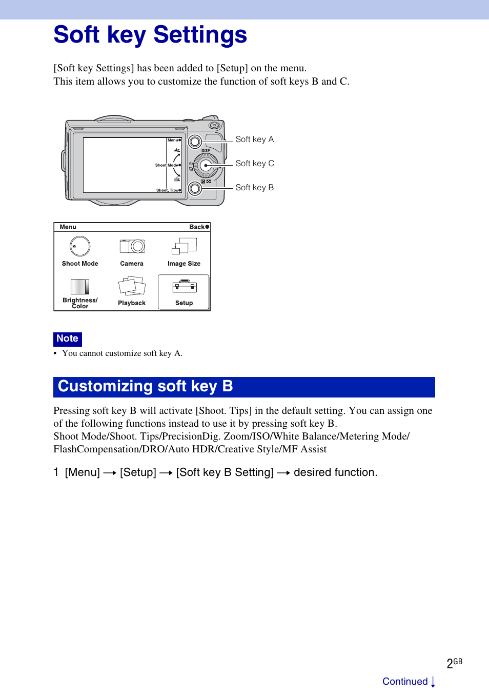 Soft key settings, Customizing soft key b | Sony NEX-5 User Manual | Page 2 / 7