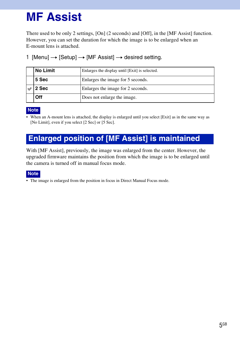 Mf assist, Enlarged position of [mf assist] is maintained | Sony NEX-5 User Manual | Page 5 / 7