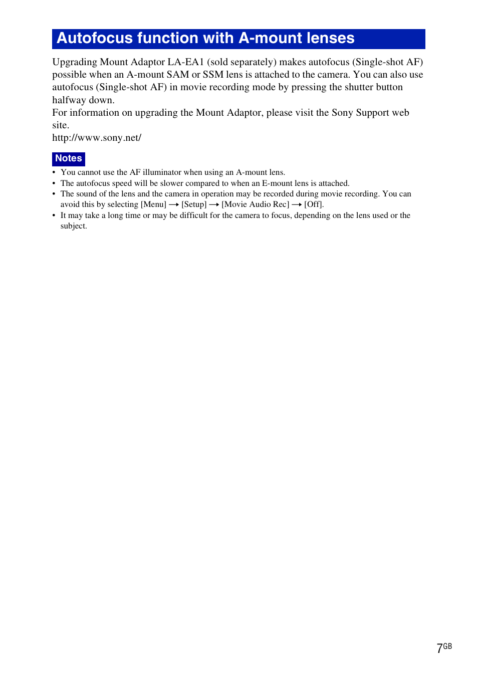 Autofocus function with a-mount lenses | Sony NEX-5 User Manual | Page 7 / 7