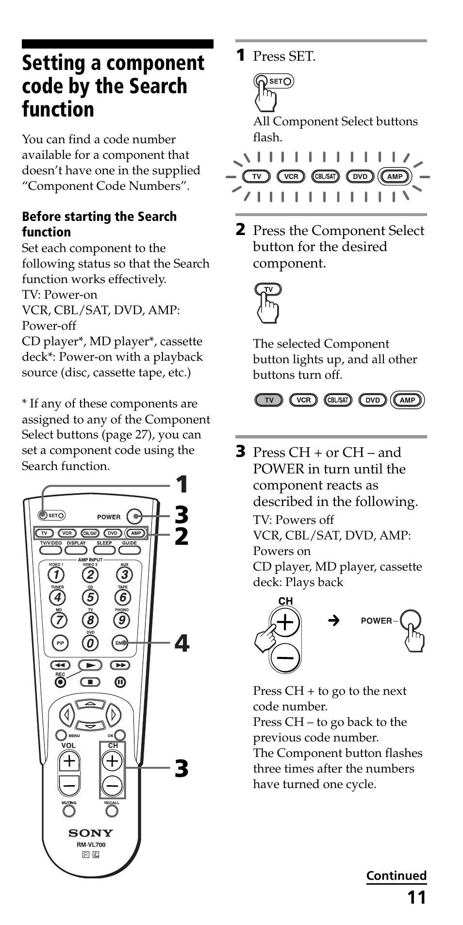Setting a component code by the search function | Sony RM-VL700S User Manual | Page 11 / 40
