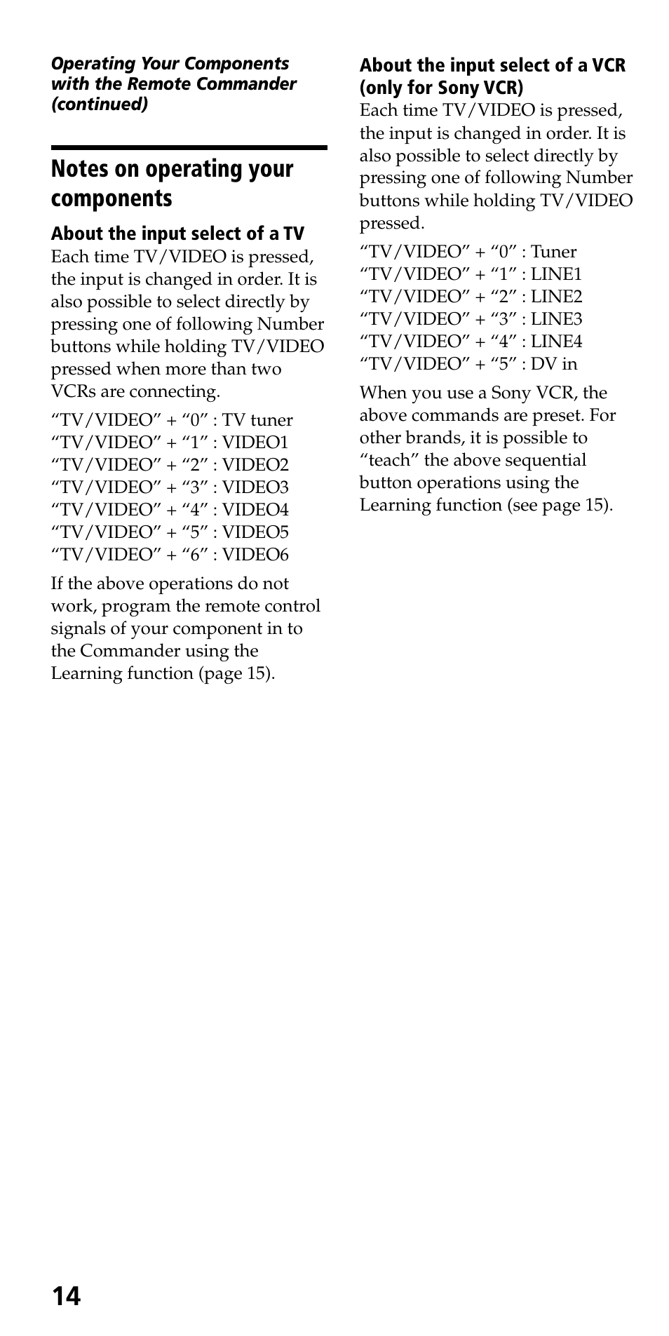 Notes on operating your components | Sony RM-VL700S User Manual | Page 14 / 40