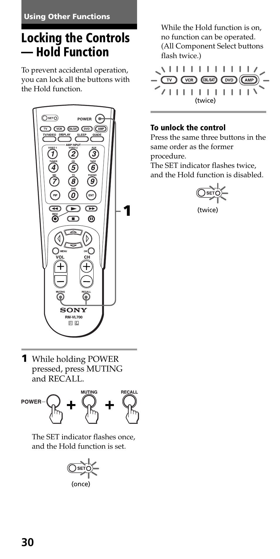 Using other functions, Locking the controls — hold function | Sony RM-VL700S User Manual | Page 30 / 40