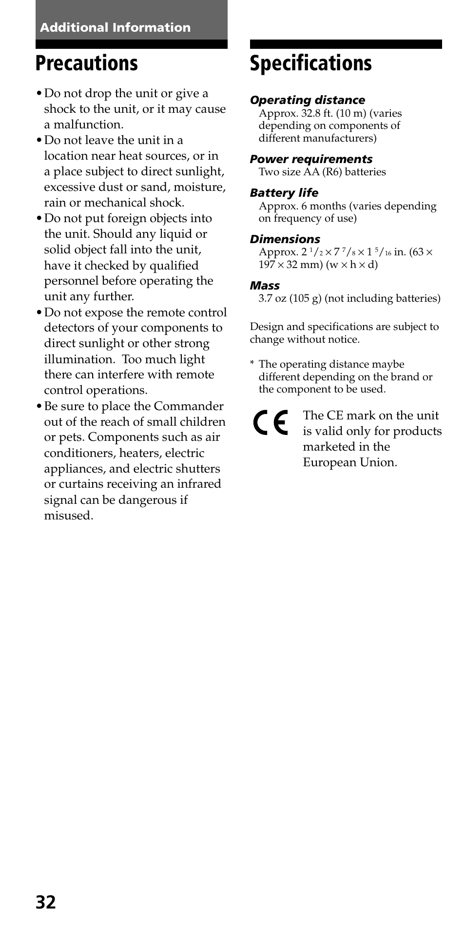 Additional information, Precautions, Specifications | Sony RM-VL700S User Manual | Page 32 / 40
