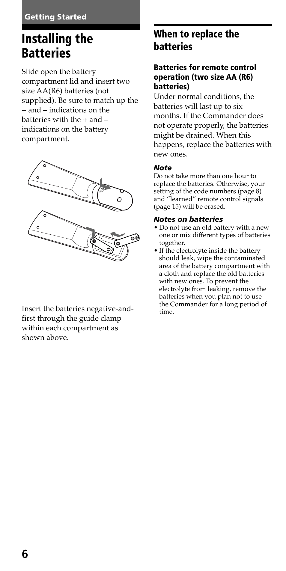 Getting started, Installing the batteries, When to replace the batteries | Sony RM-VL700S User Manual | Page 6 / 40