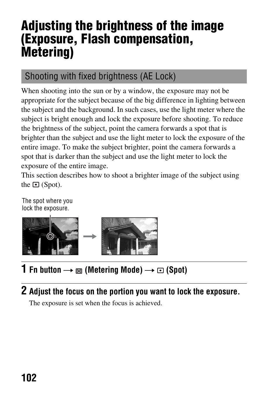 Shooting with fixed brightness (ae lock), Lock (102) | Sony DSLR-A580L User Manual | Page 102 / 199