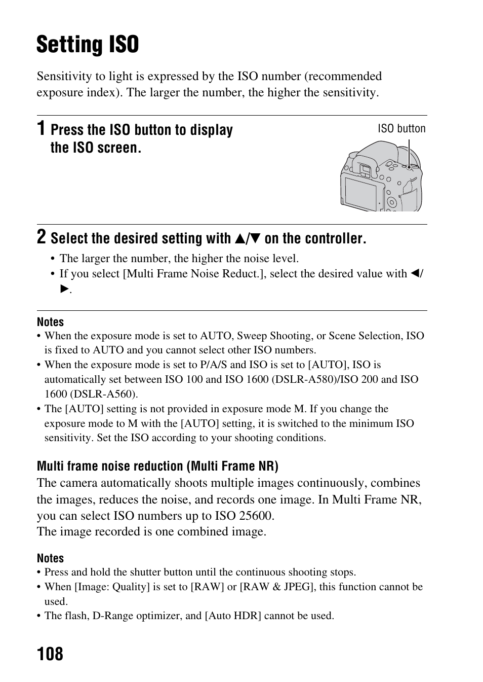 Setting iso, N (108), O (108) | Sony DSLR-A580L User Manual | Page 108 / 199