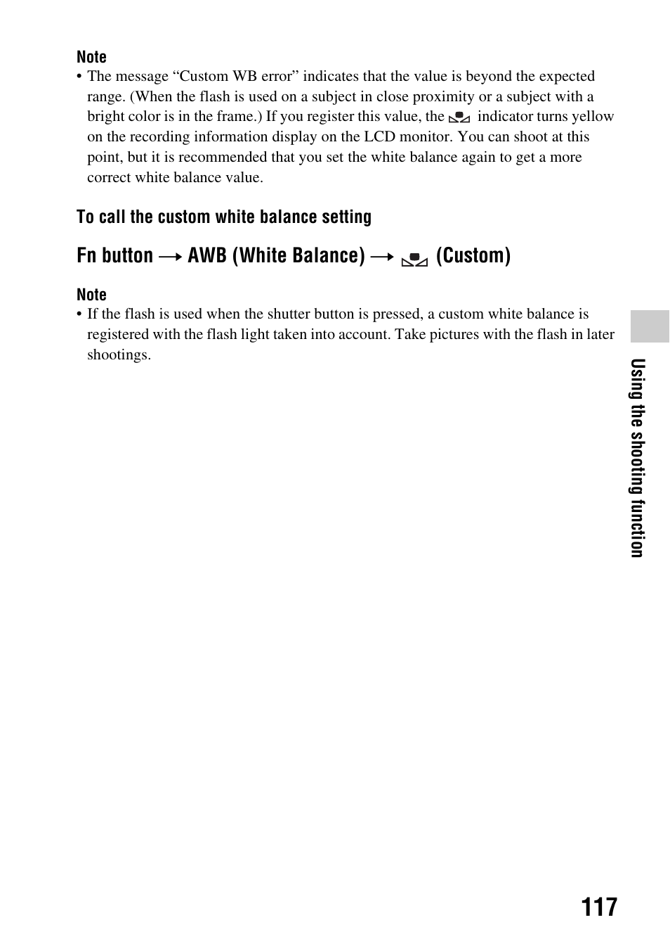 Fn button t awb (white balance) t (custom) | Sony DSLR-A580L User Manual | Page 117 / 199