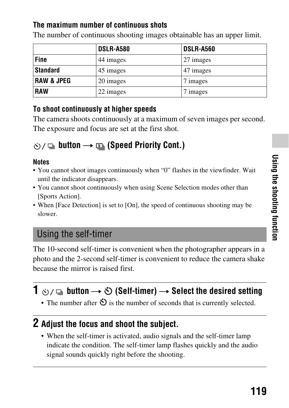 Using the self-timer, Mp (119), Button t (speed priority cont.) | Button t (self-timer) t select the desired setting, Adjust the focus and shoot the subject | Sony DSLR-A580L User Manual | Page 119 / 199