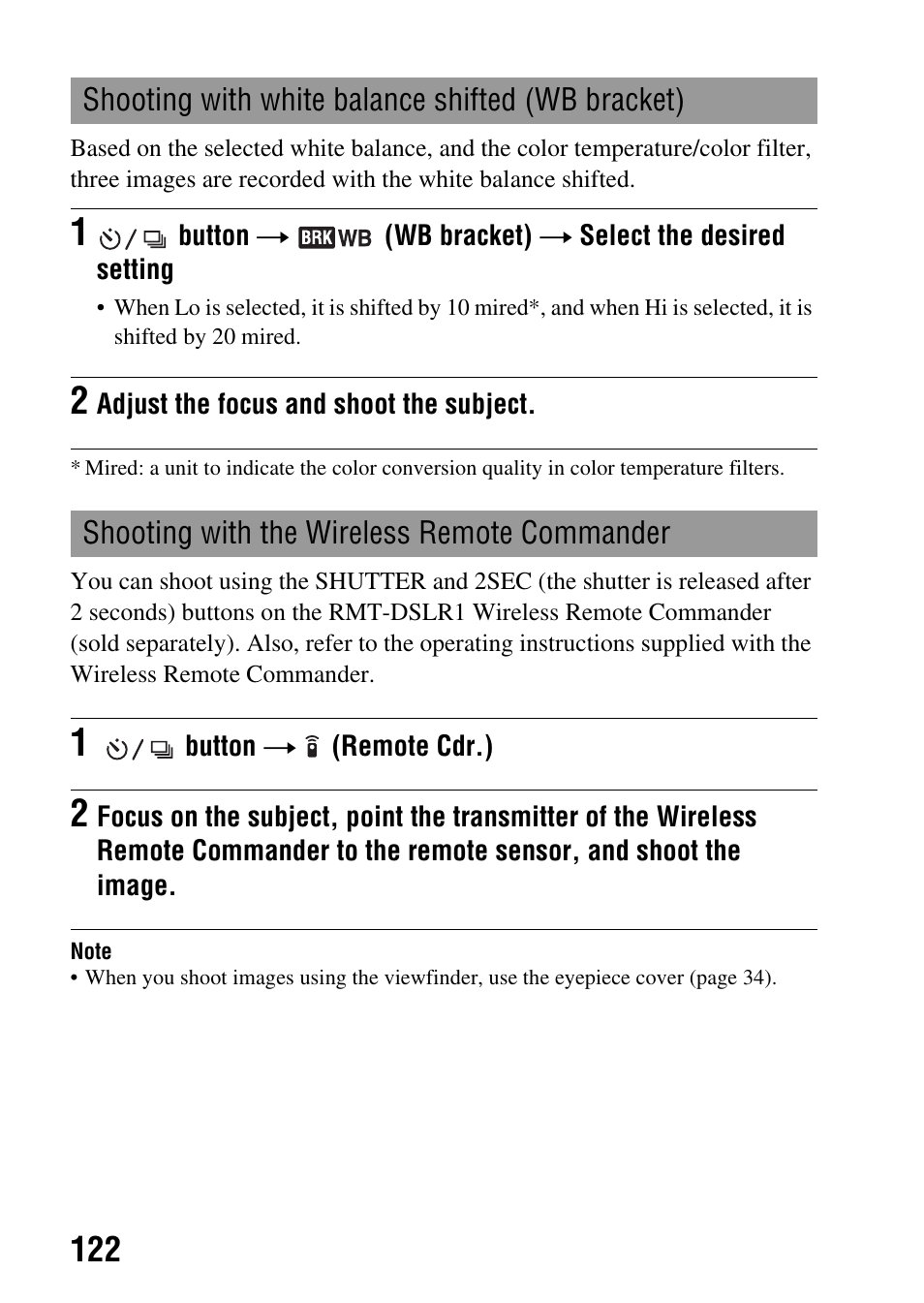 Shooting with white balance shifted (wb bracket), Shooting with the wireless remote commander | Sony DSLR-A580L User Manual | Page 122 / 199