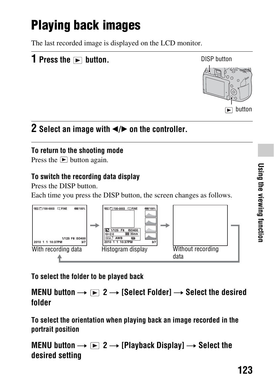 Using the viewing function, Playing back images, Tton (123) | R (123) | Sony DSLR-A580L User Manual | Page 123 / 199