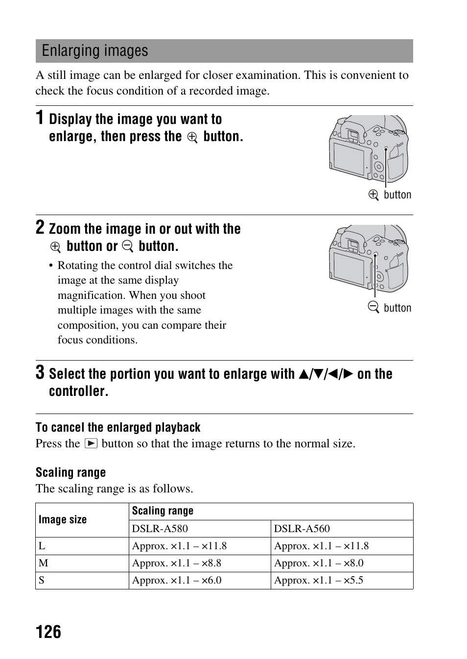 N (126), Enlarging images | Sony DSLR-A580L User Manual | Page 126 / 199